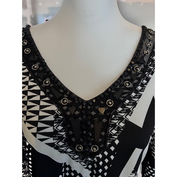 PerSeption Concept Black White Geometric Beaded Officewear VNeck Sheath Dress S - Picture 3 of 10